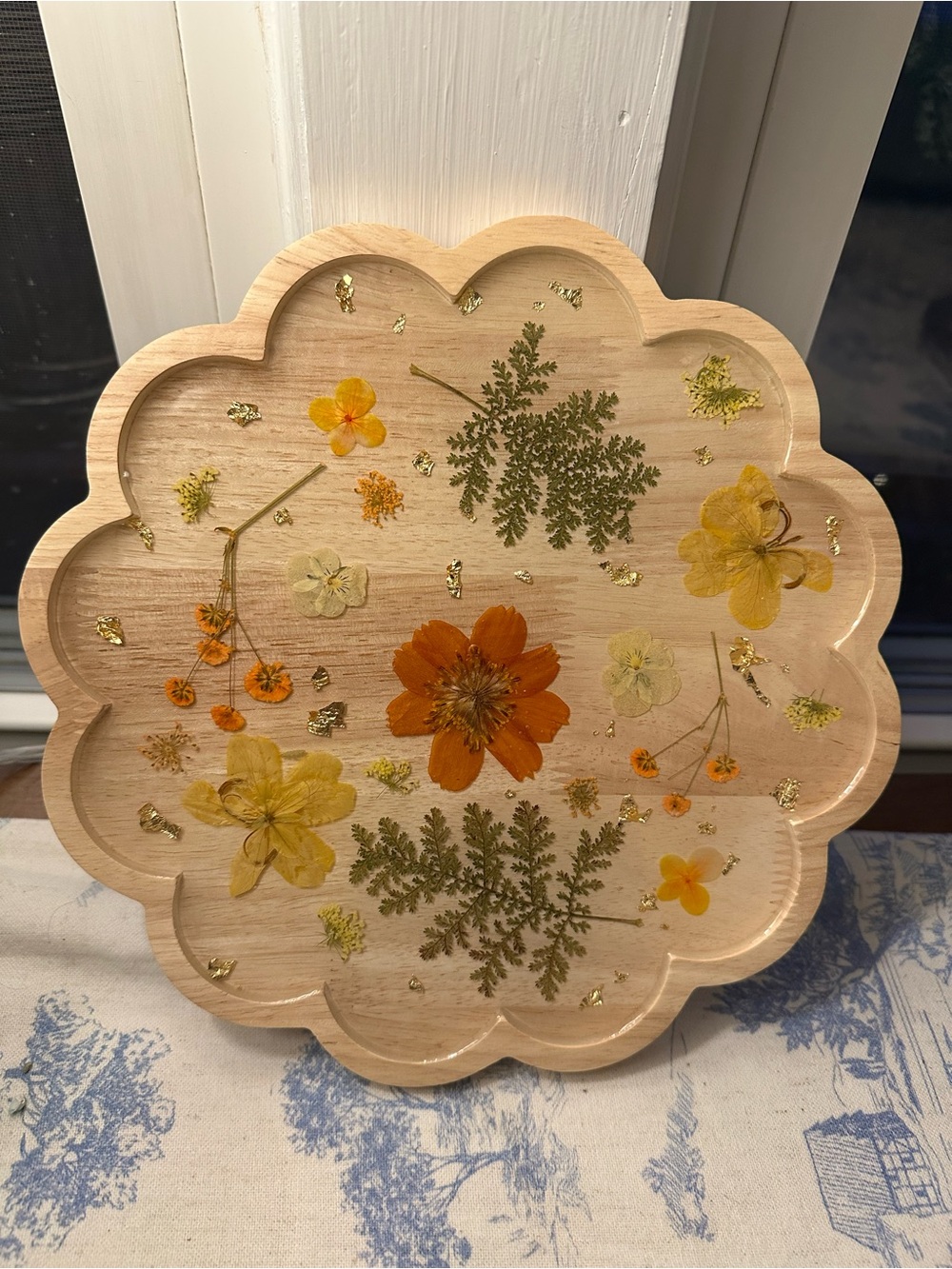 Pressed Flower Scalloped Wooden Tray - Yellow & Orange Floral